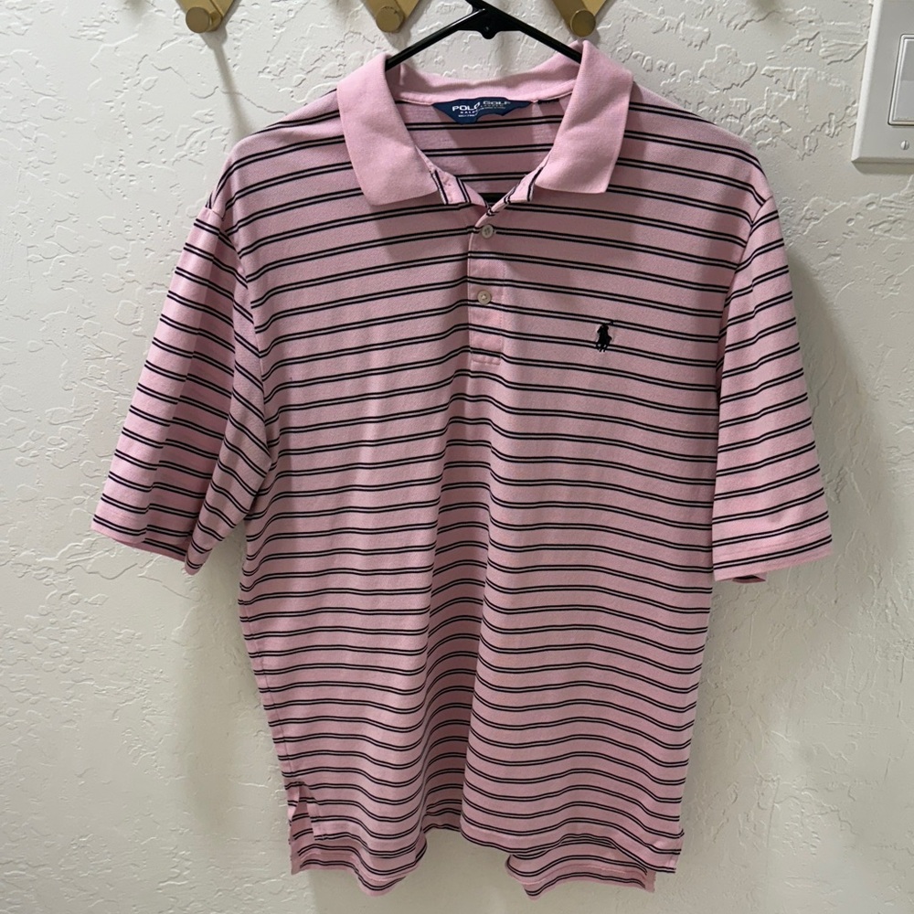 Polo by Ralph Lauren Men’s Pink and Blue Striped Polo Shirt - Large